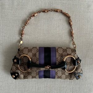 Vintage Gucci Horsebit Chain Clutch | Tom Ford Era Brown Monogram Purple Bamboo